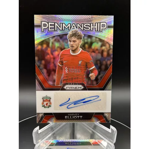 Harvey Elliott Penmanship /99 aláírt focis kártya – 2023-24 Panini Prizm – Liverpool