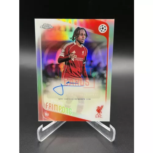 Jeremie Frimpong aláírt focis kártya – 2025-26 Topps Chrome UEFA Club Competitions Auto – Liverpool FC